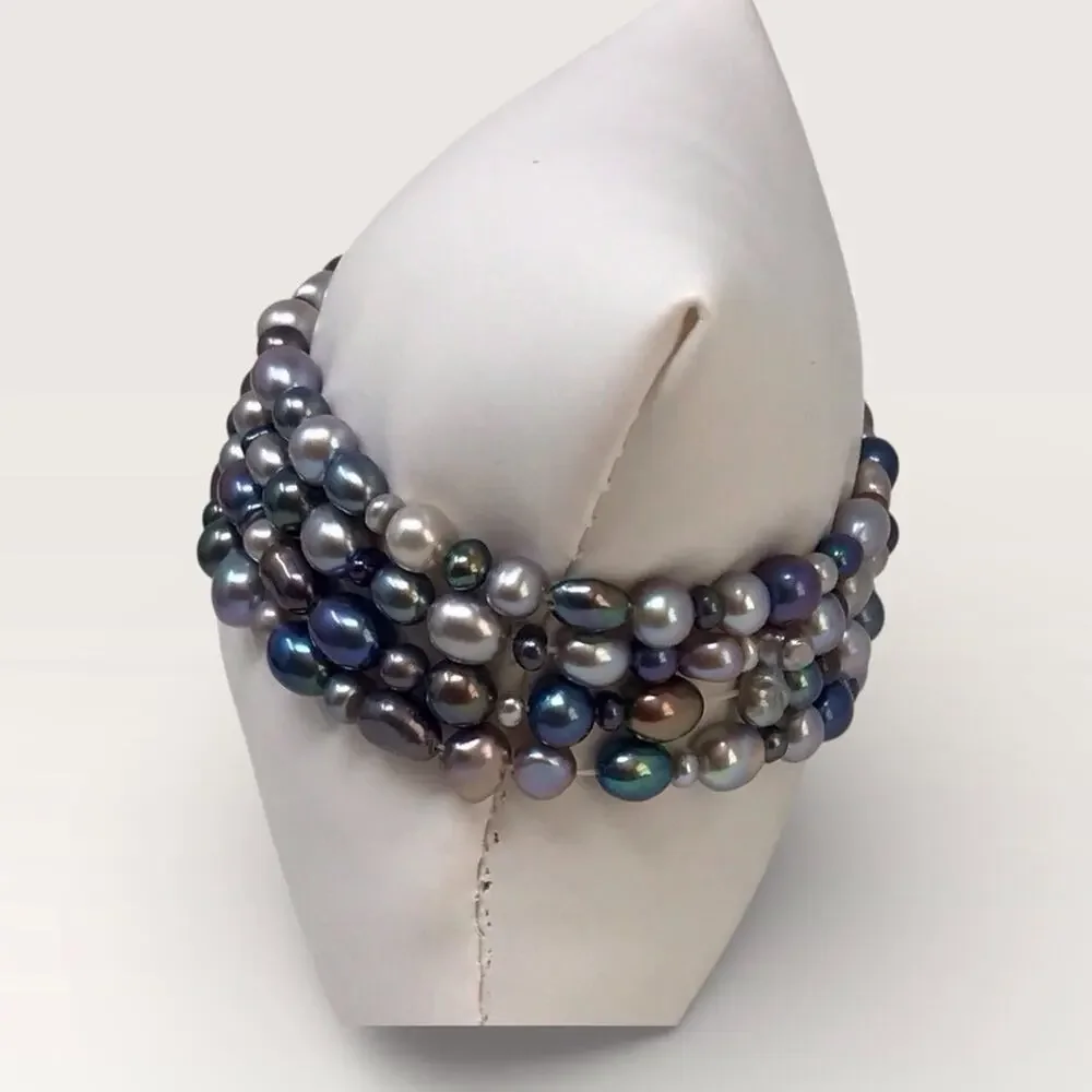 Honora NWT Black & Grey Pearl 4 Stretch Bracelets Cultured Original Satin Case